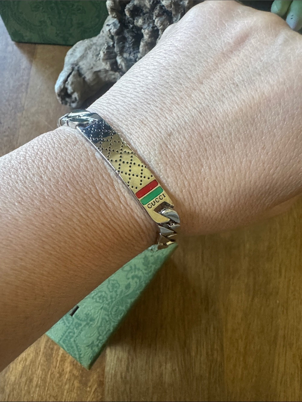 Gucci Silver Bracelet with Red and Green Enamel Stripe